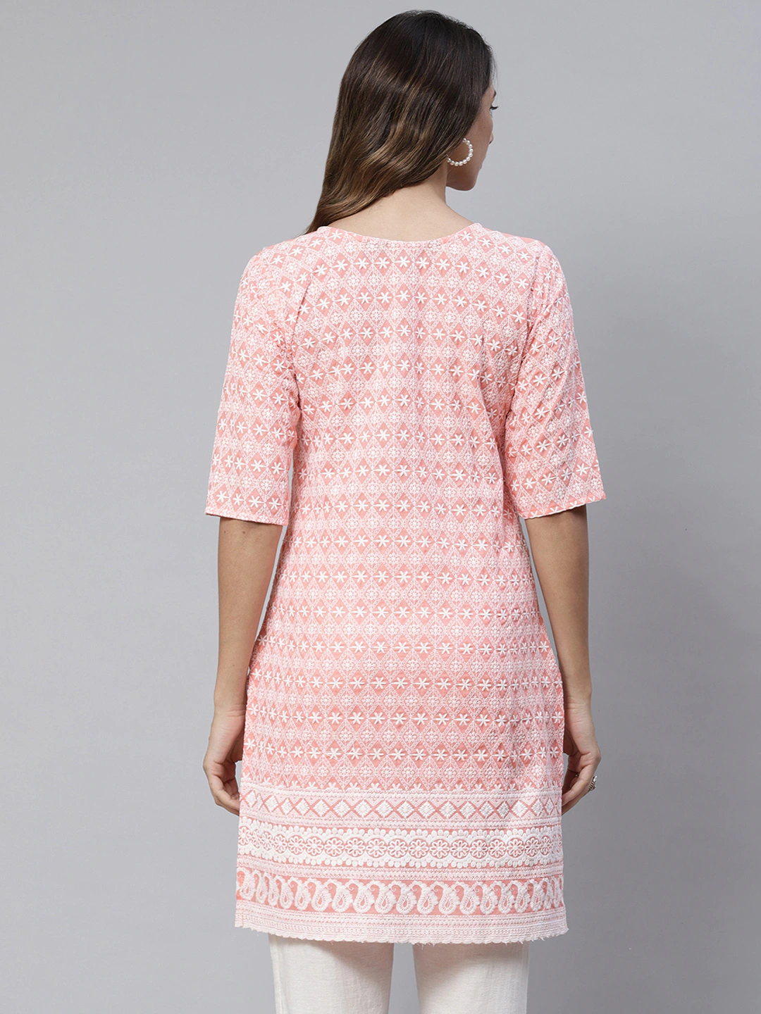 Peach-Coloured Embroidered Chikankari Kurti