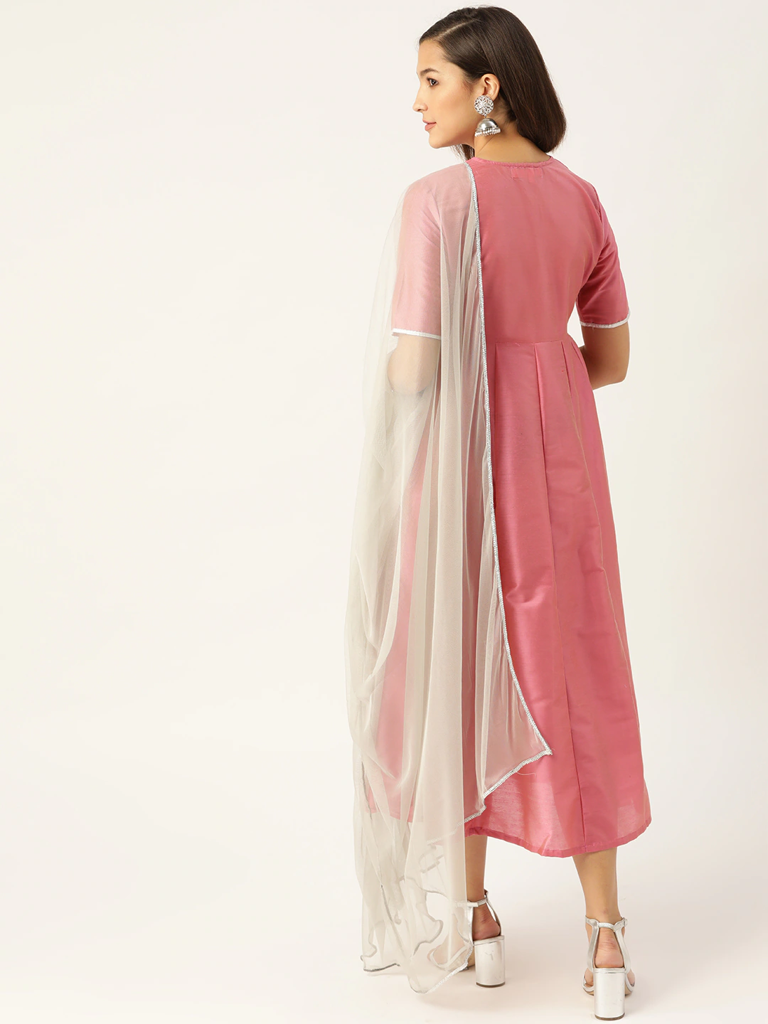 Pink Embroidered A-Line Dress With Dupatta
