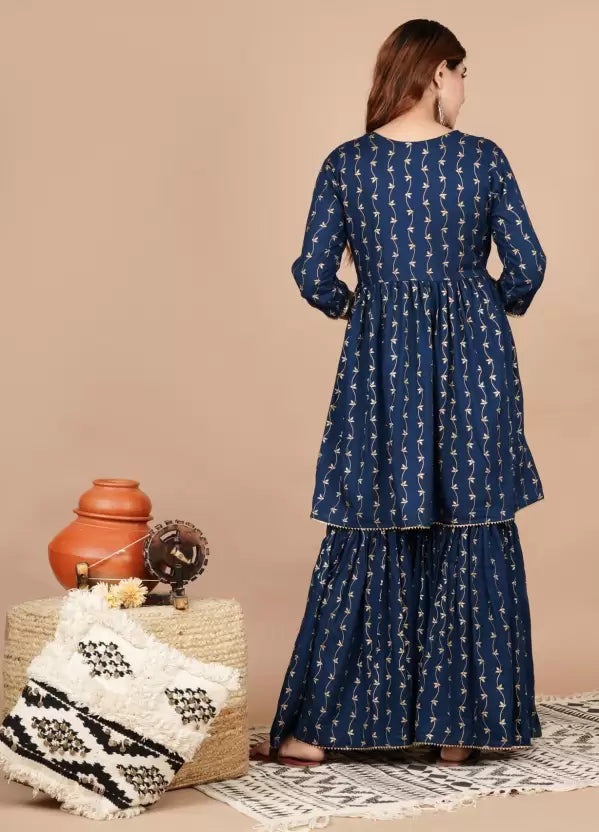 Women Cotton Rayon Navy Blue & Gold Kurta Sharara set