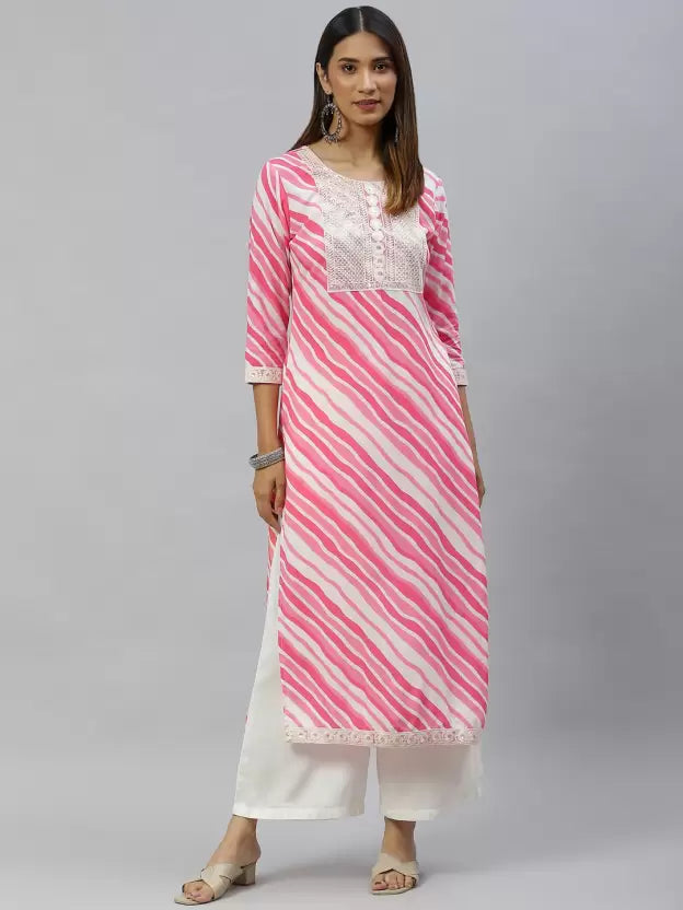 Women Pink & White Kurta and Palazzo Set Viscose Rayon