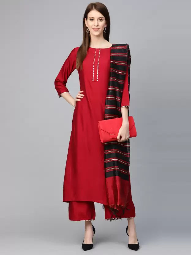 Women Cotton Blend Red Kurta set with striped Dupatta
