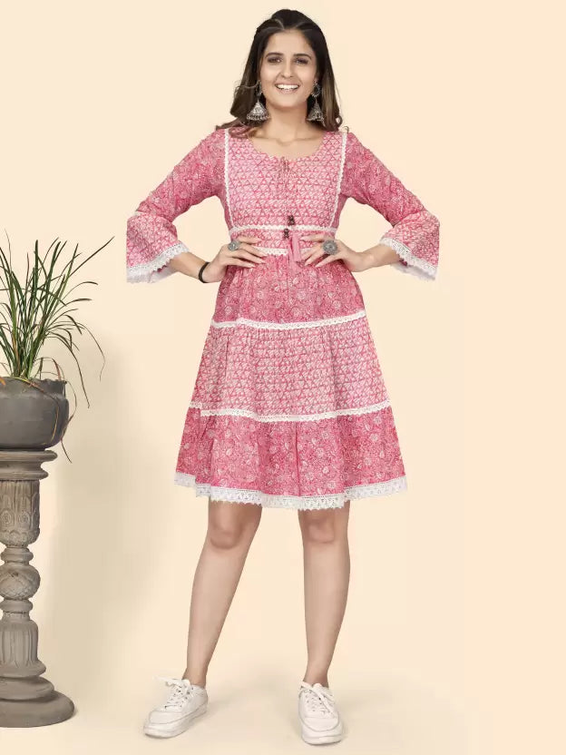 Women Pink Printed Pure Cotton Flared Dress