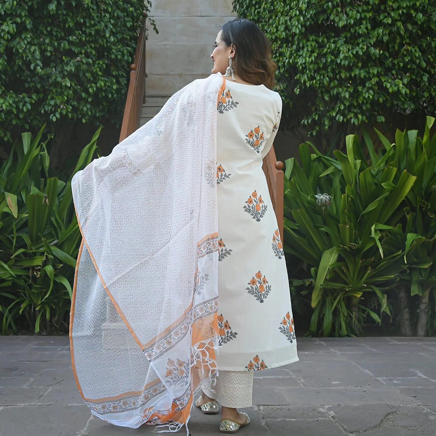 Women White & Orange Viscose Kurta with Dupatta