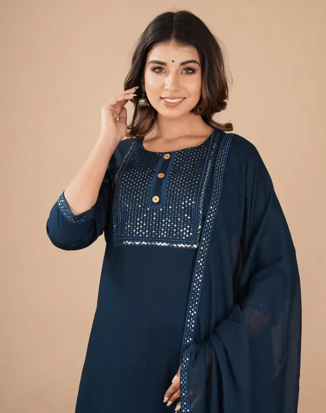 Women Blue Viscose Rayon Embroidered Kurta and Palazzo Set