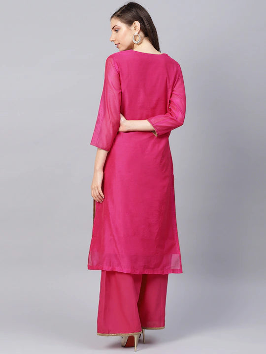 Women V-neck Pink Embroidered Kurta with Palazzos