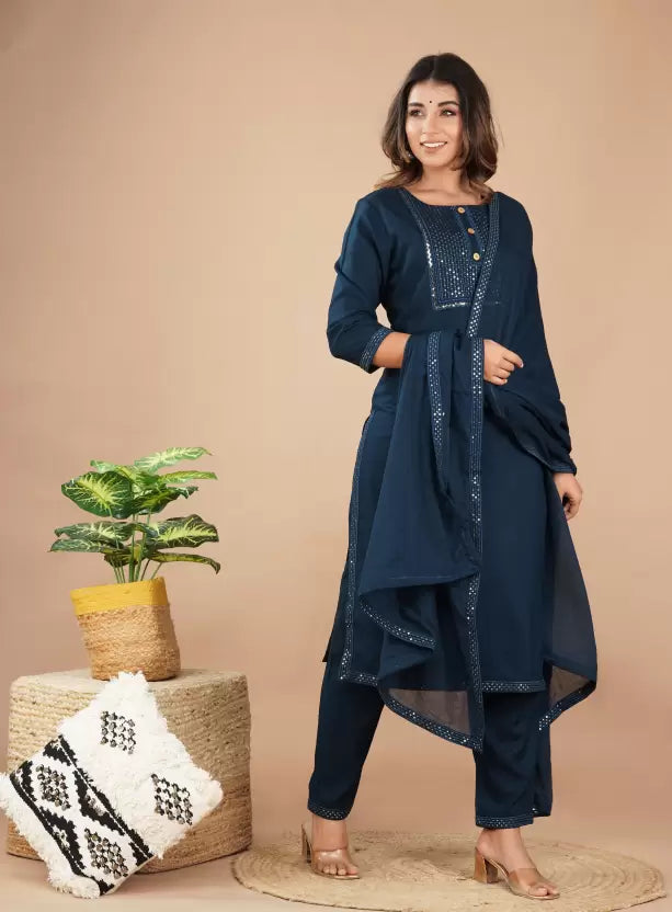 Women Blue Viscose Rayon Embroidered Kurta and Palazzo Set