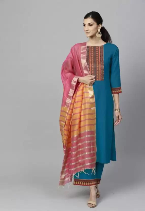 Women Blue Cotton Blend Kurta, Pant And Colorful Dupatta Set