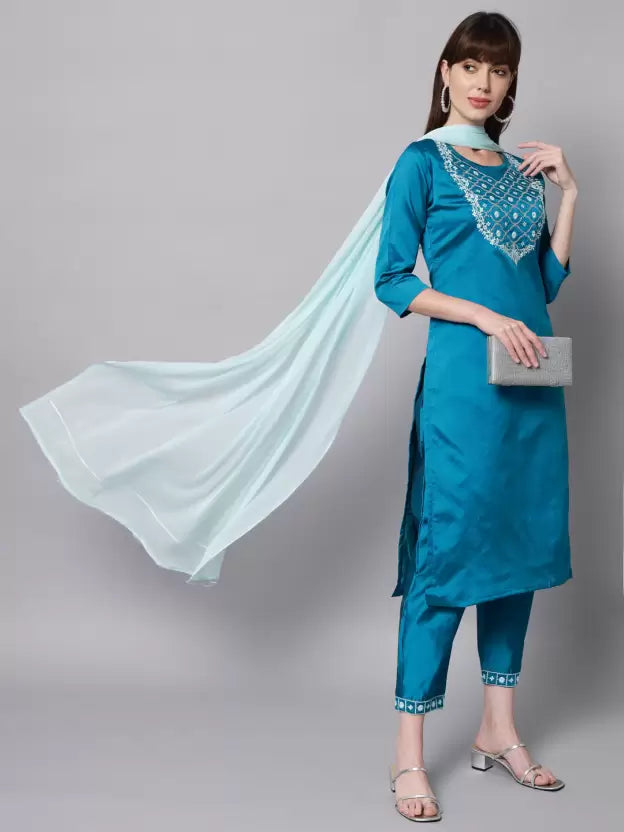 Women Art Silk Green Kurta Pant And Dupatta Set