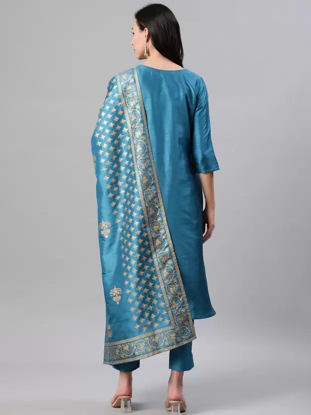Women Blue Poly Silk Kurta, Pyjama & Dupatta Set