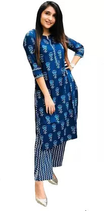 Women Blue Cotton Blend Kurta and Pant Set