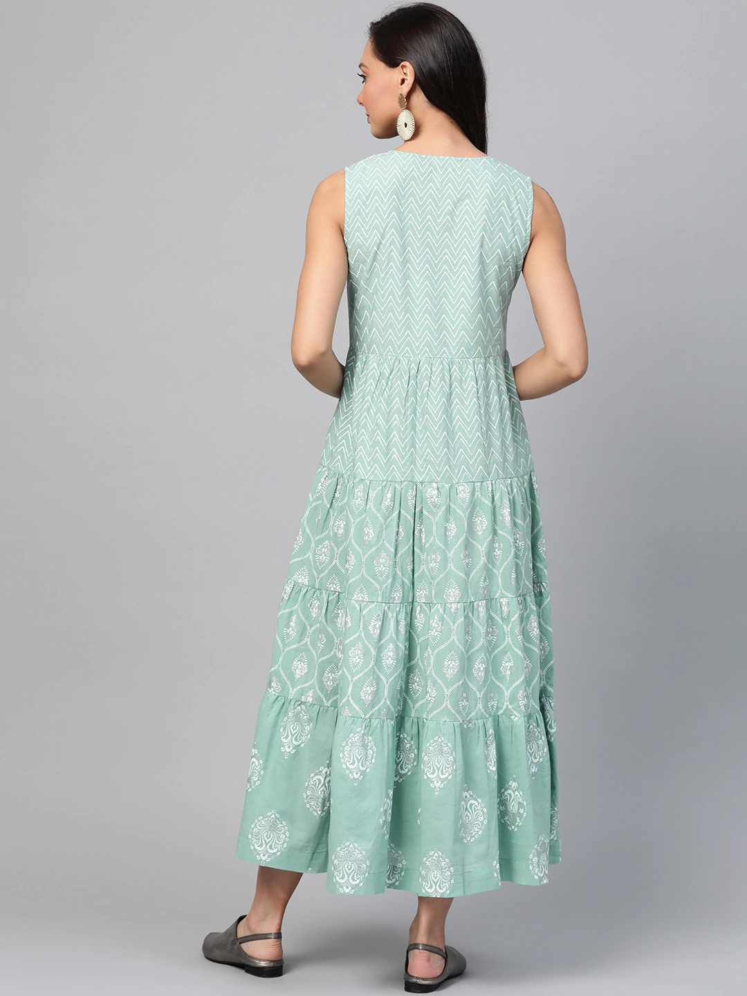 Sea Green & White Ethnic Pure Cotton A-Line Dress