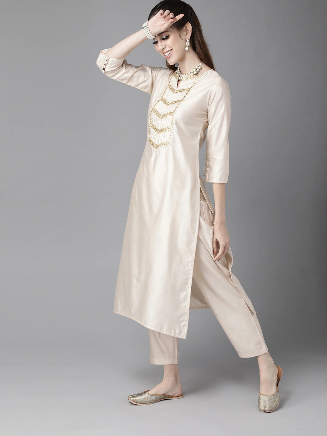 Women's Beige And Gold Kurta Set