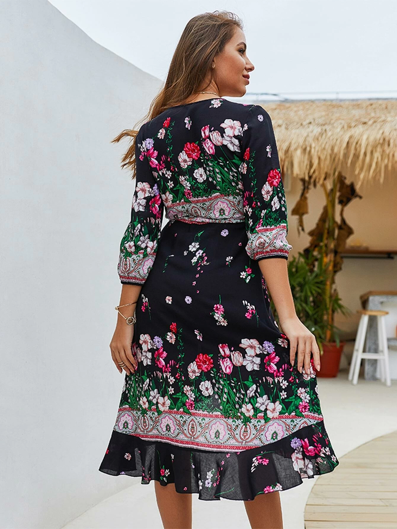 Floral Print Tie Side Flounce Hem Wrap Dress