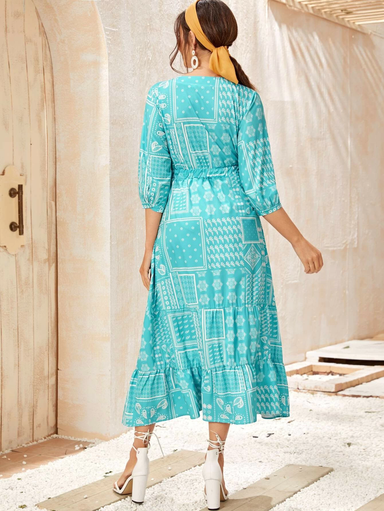 Tribal Print Drawstring Waist Ruffle Hem Dress