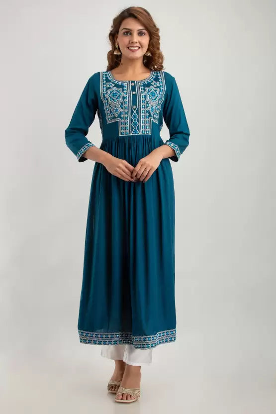 Teal Viscose Rayon Embroidered Kurta Pant set