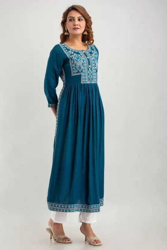 Teal Viscose Rayon Embroidered Kurta Pant set