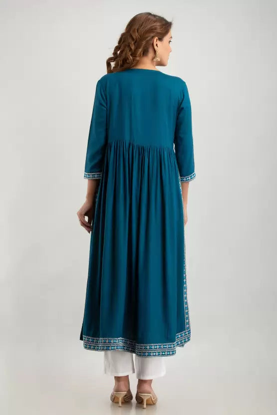 Teal Viscose Rayon Embroidered Kurta Pant set