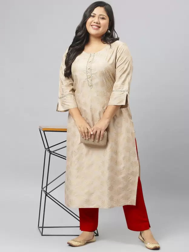 Women Printed, Embellished Viscose Rayon Straight Kurta (Beige)