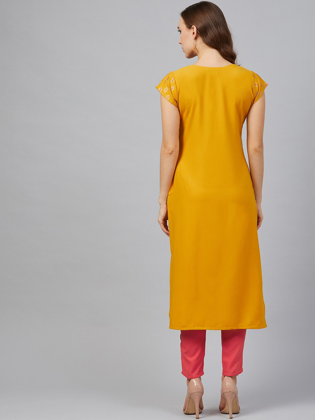 Women Mustard Yellow & Pink Yoke Design Kurta Set