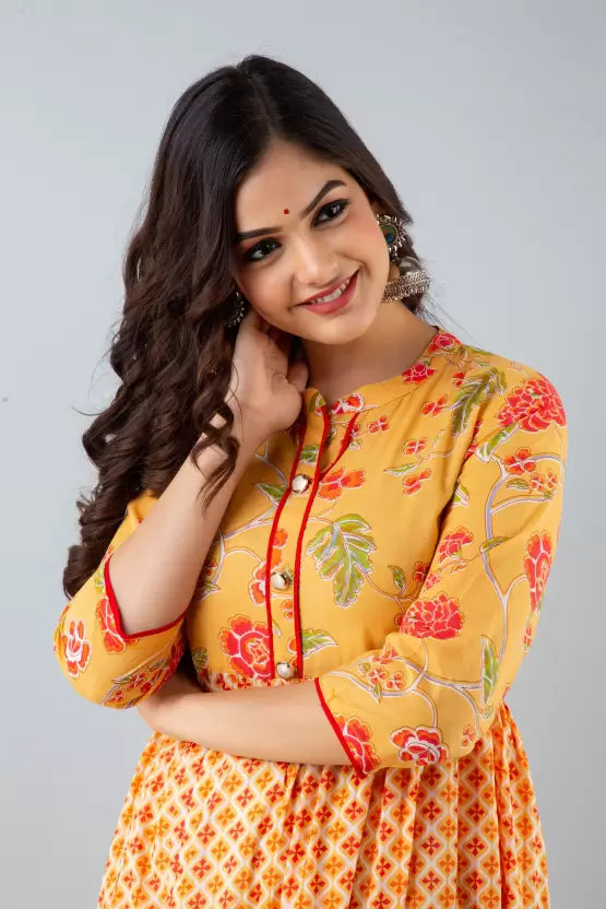 Viscose Rayon Anarkali Yellow Dress