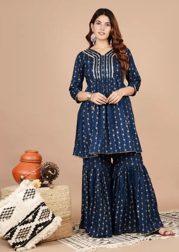 Women Cotton Rayon Navy Blue & Gold Kurta Sharara set