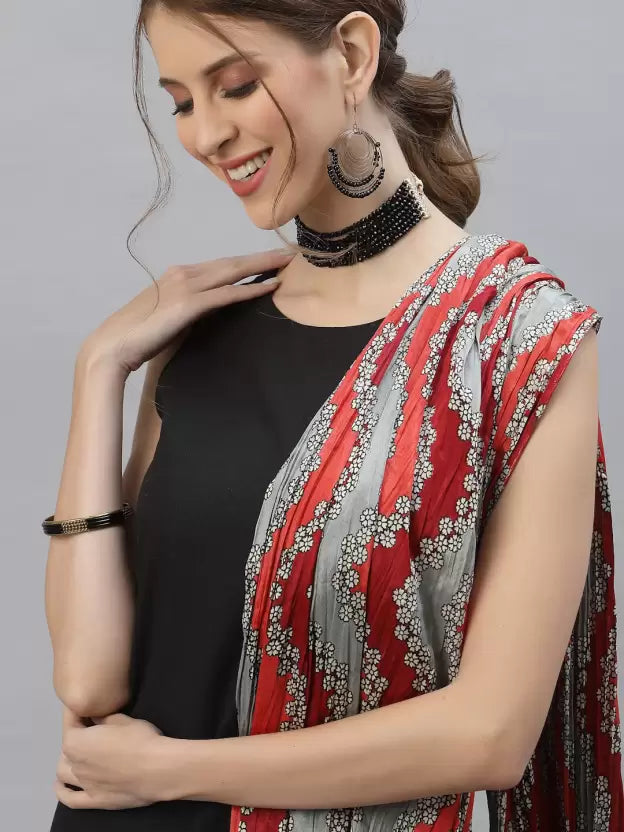 Women Black Kurta, Pant And Dupatta Set Cotton Blend/Silk Blend