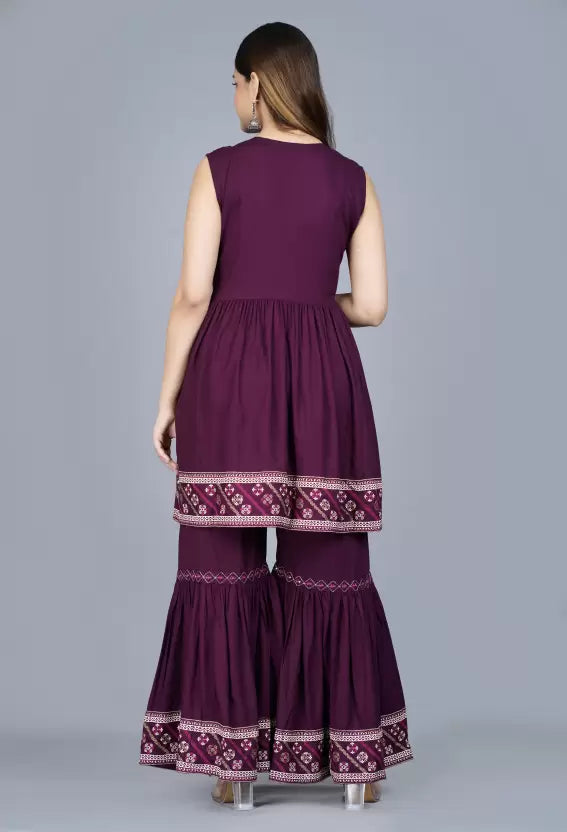 Women Cotton Blend Purple Kurta, Sharara and Dupatta Set Cotton Blend