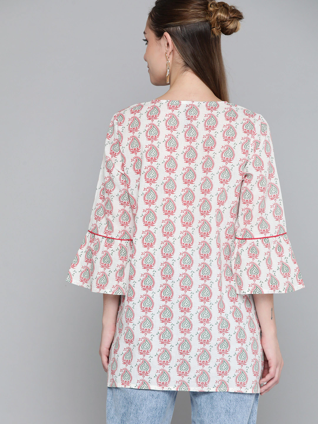 White & Red Flared Sleeves Cotton Kurti