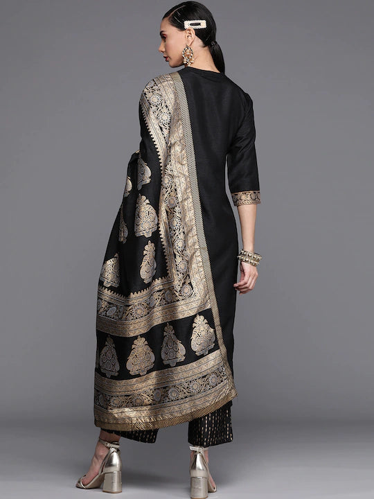 Women Black Ethnic Yoke Design Kurta Set