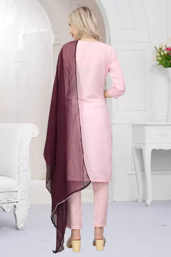 Women Baby Pink Cotton Kurta set with Maroon Shawl