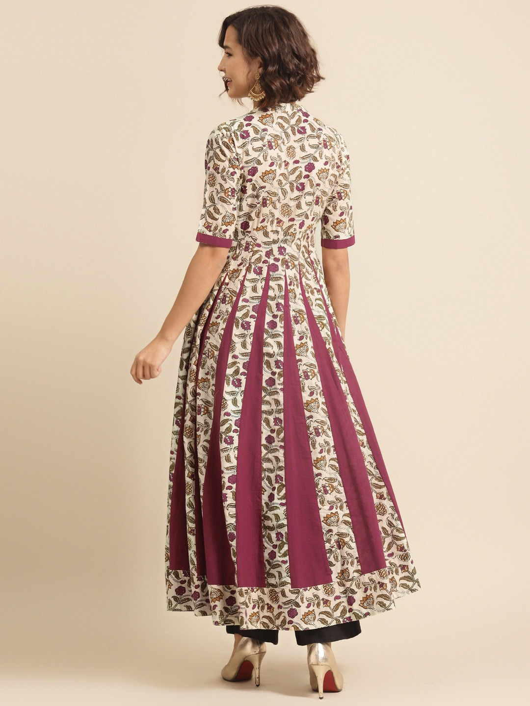 Women Beige & Pink Anarkali Cotton Kurta