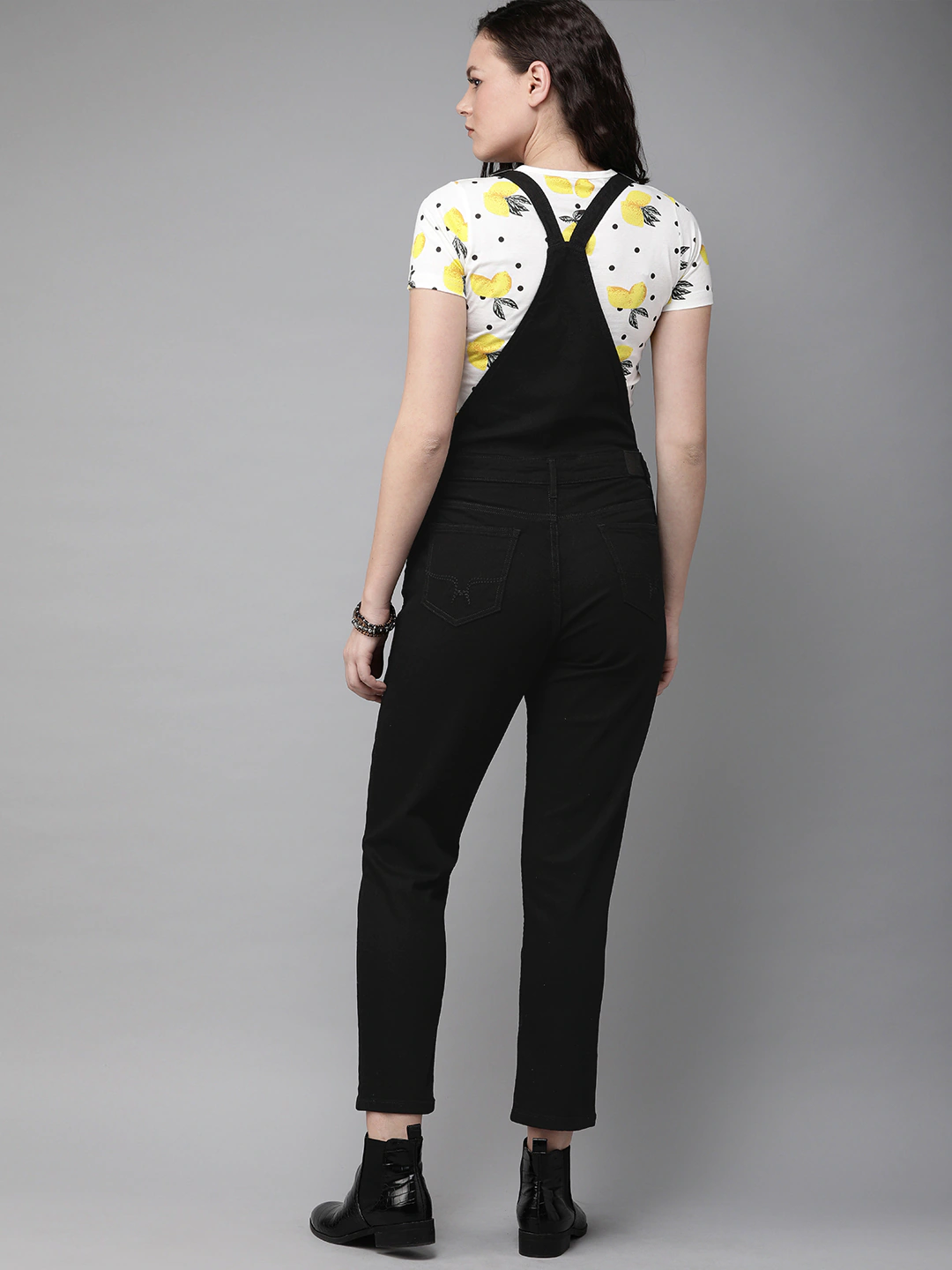 Women Black Washed Cropped Denim Dungarees
