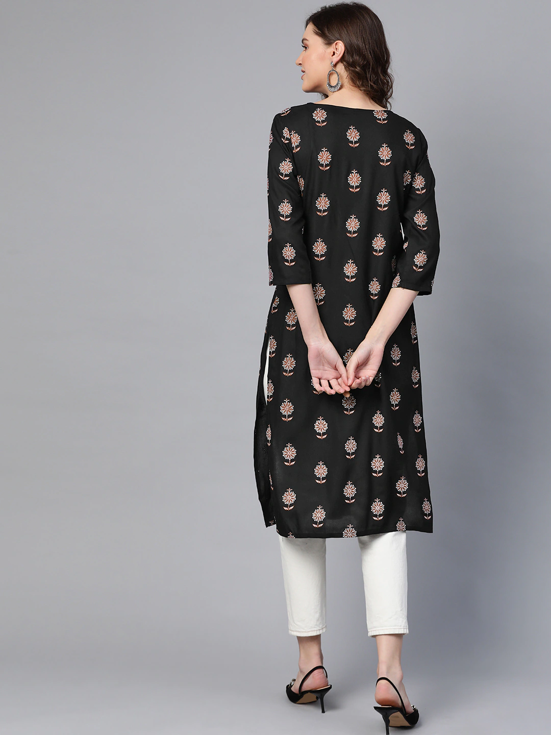 Women Black Ethnic Straight Kurta