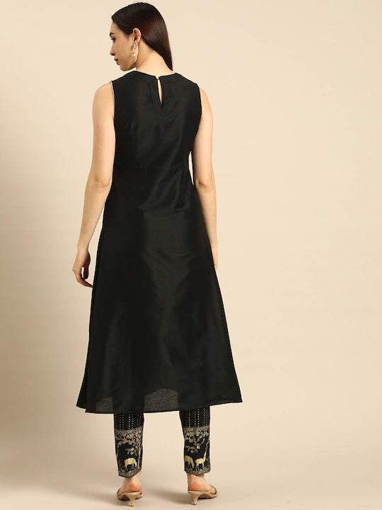 Women Black Regular Embroidered Kurta with Trousers