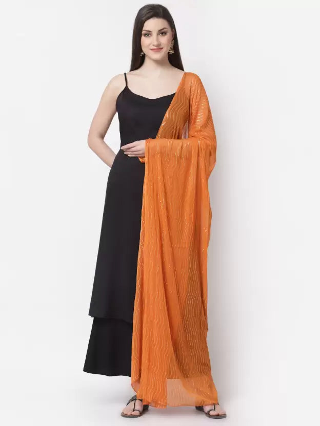Women Sleeveless Black Rayon Kurta set with Orange Dupatta