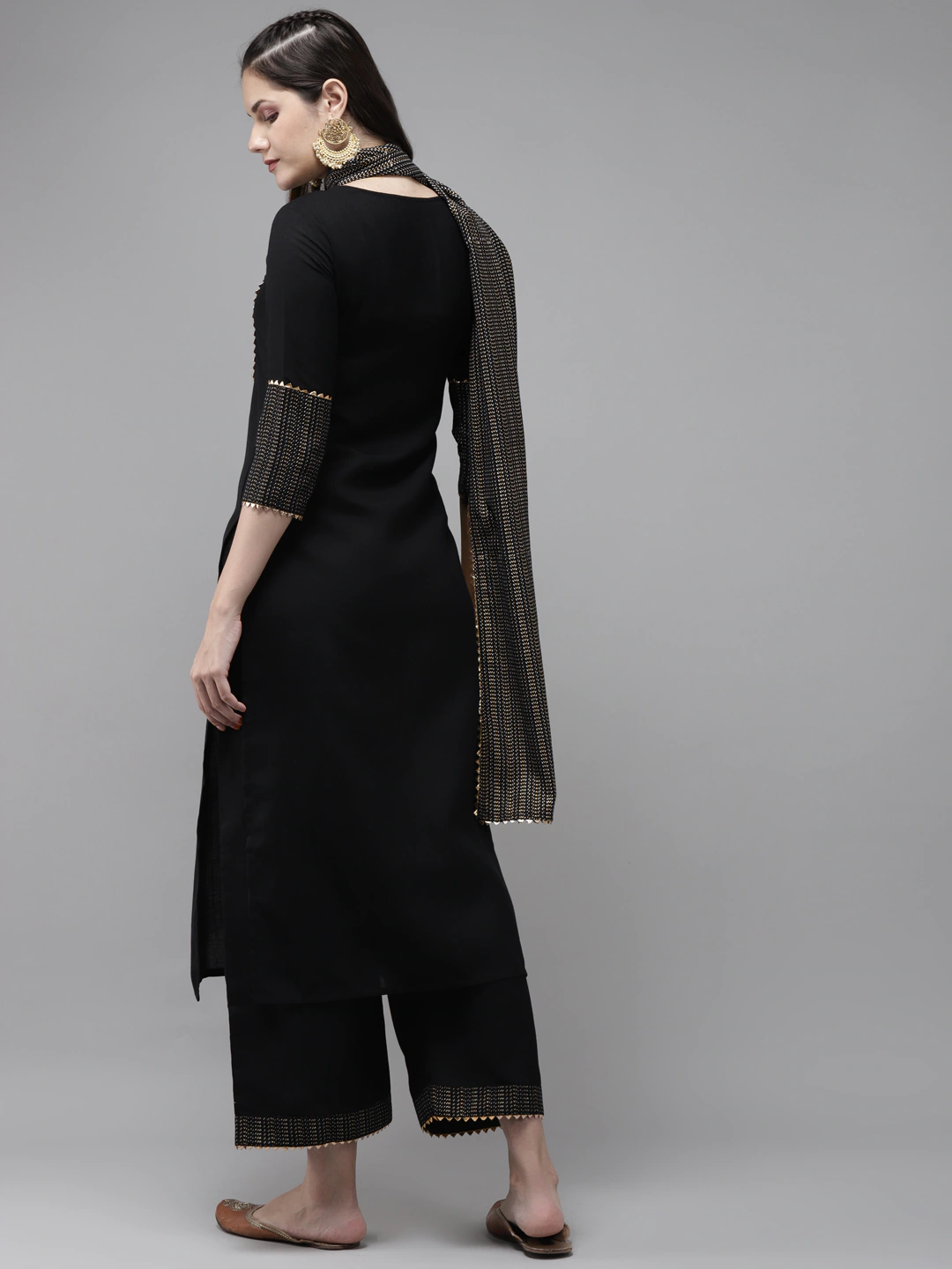 Women Black & Golden Kurta with Palazzos & Dupatta