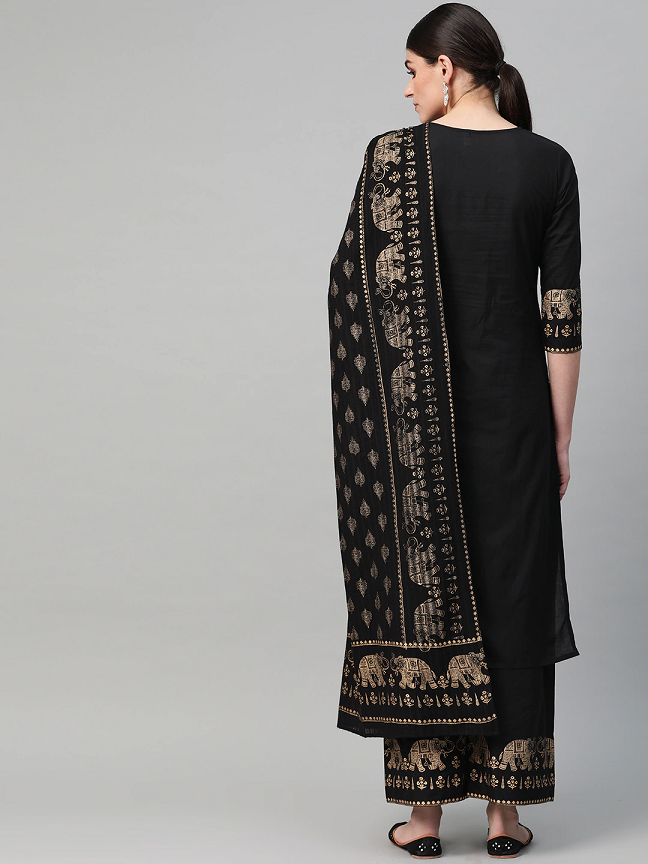 Women Black & Golden Solid Kurta with Palazzos & Dupatta
