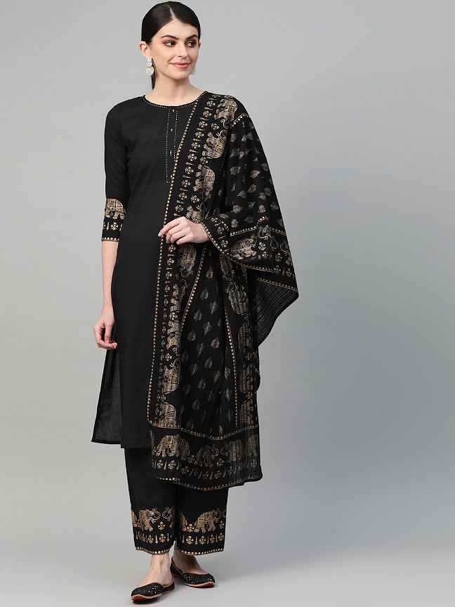 Women Black & Golden Solid Kurta with Palazzos & Dupatta
