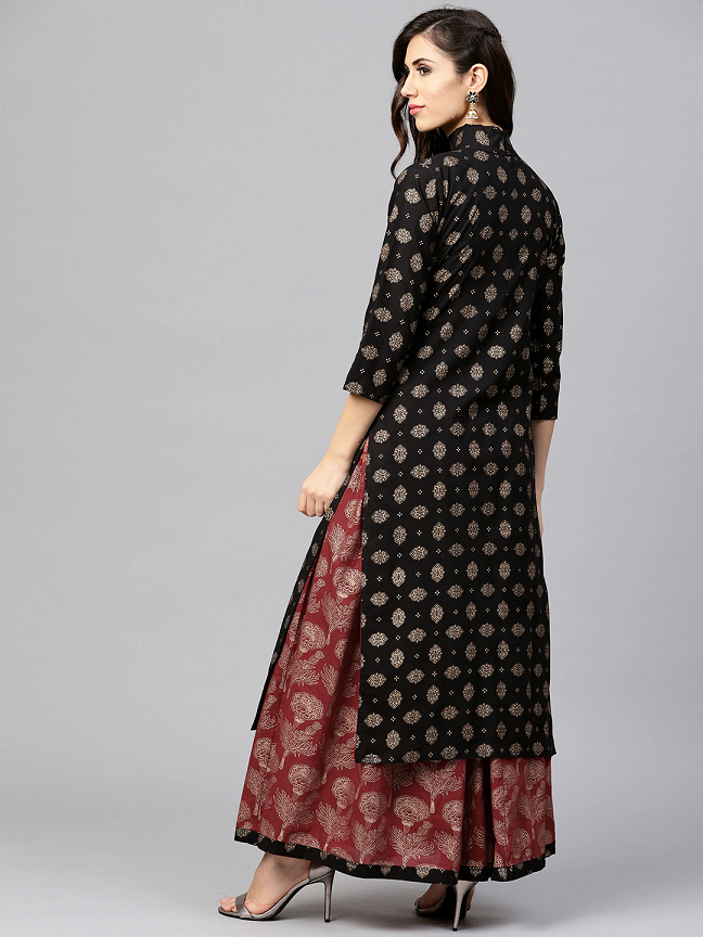 Women Black & Maroon Printed Kurta with Skirt