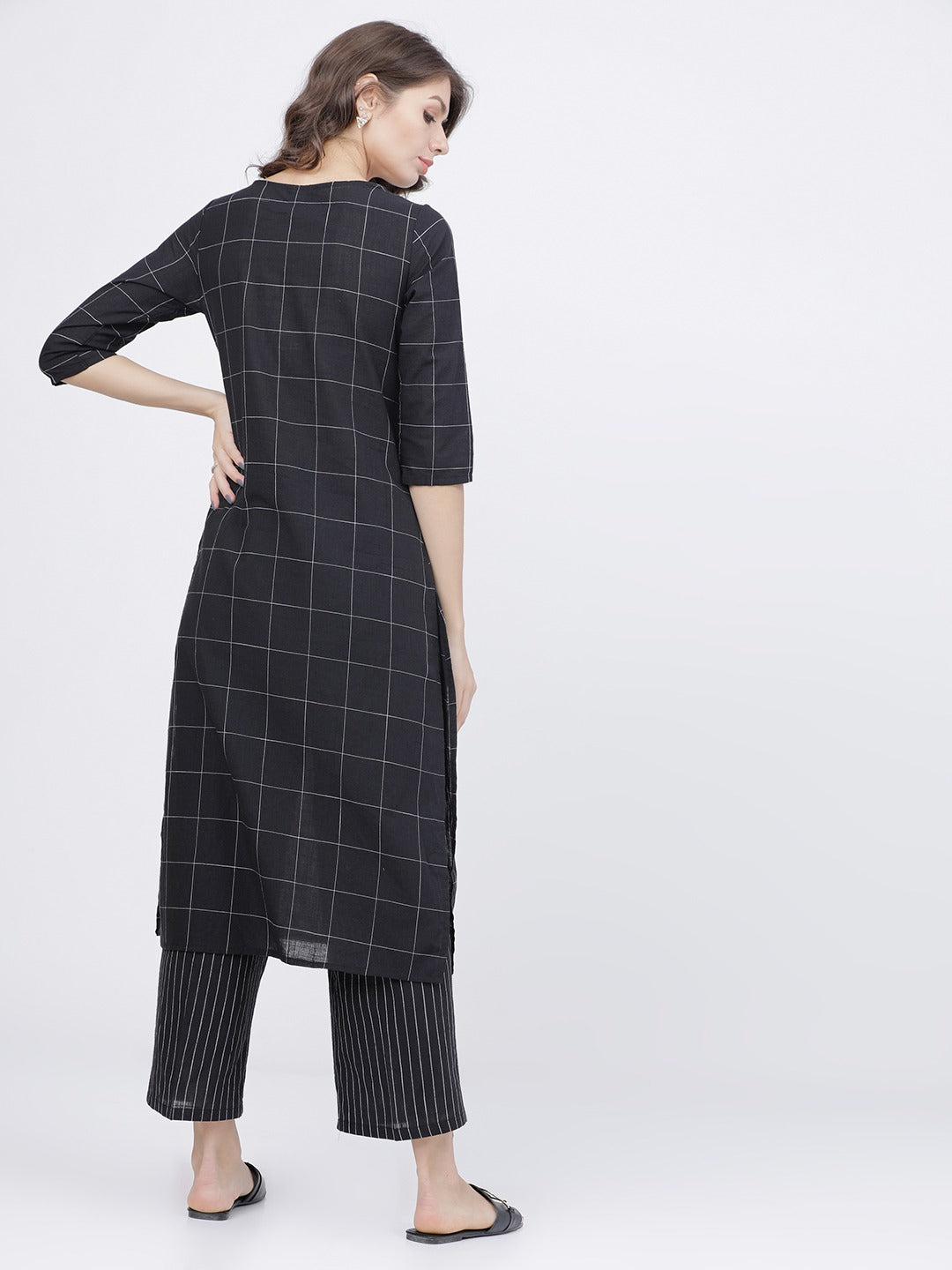 Women Black & Off White Printed Kurta with Palazzos & Dupatta