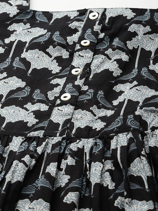 Women Black & White Cotton Floral Print A-Line Dress