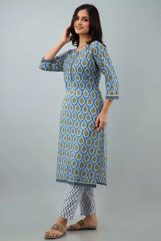 Women Blue Cotton Blend Kurta set