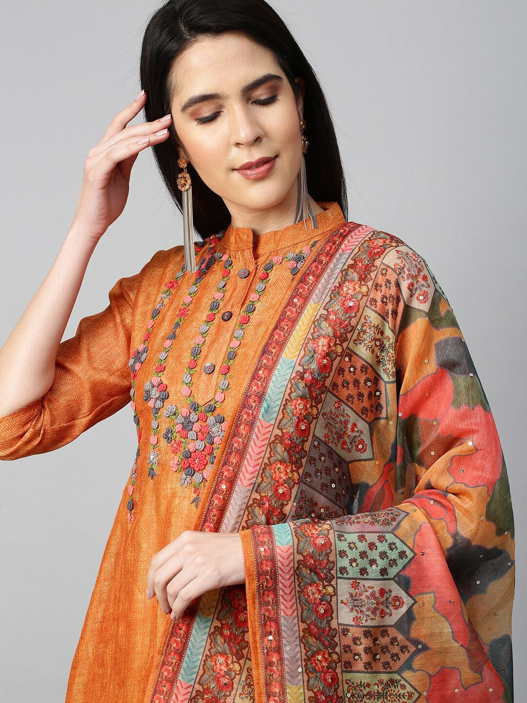 Women Brown Floral Printed Thread Work Chanderi Silk Kurta With Dupatta