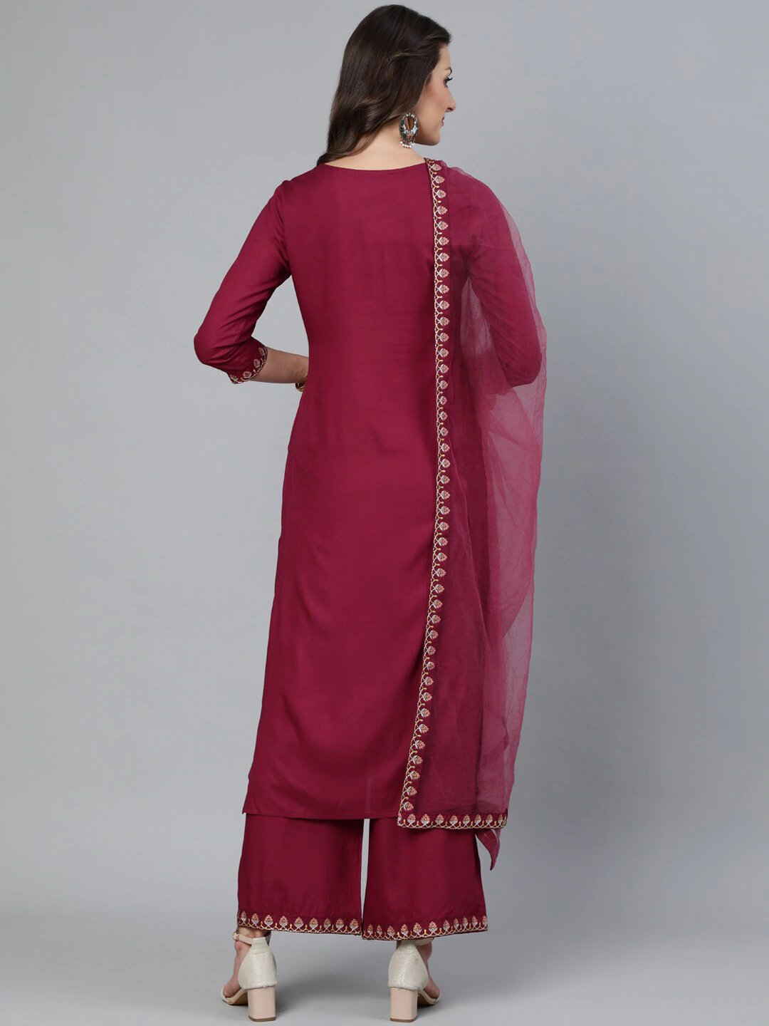 Women Burgundy Embroidered Straight Kurta Set