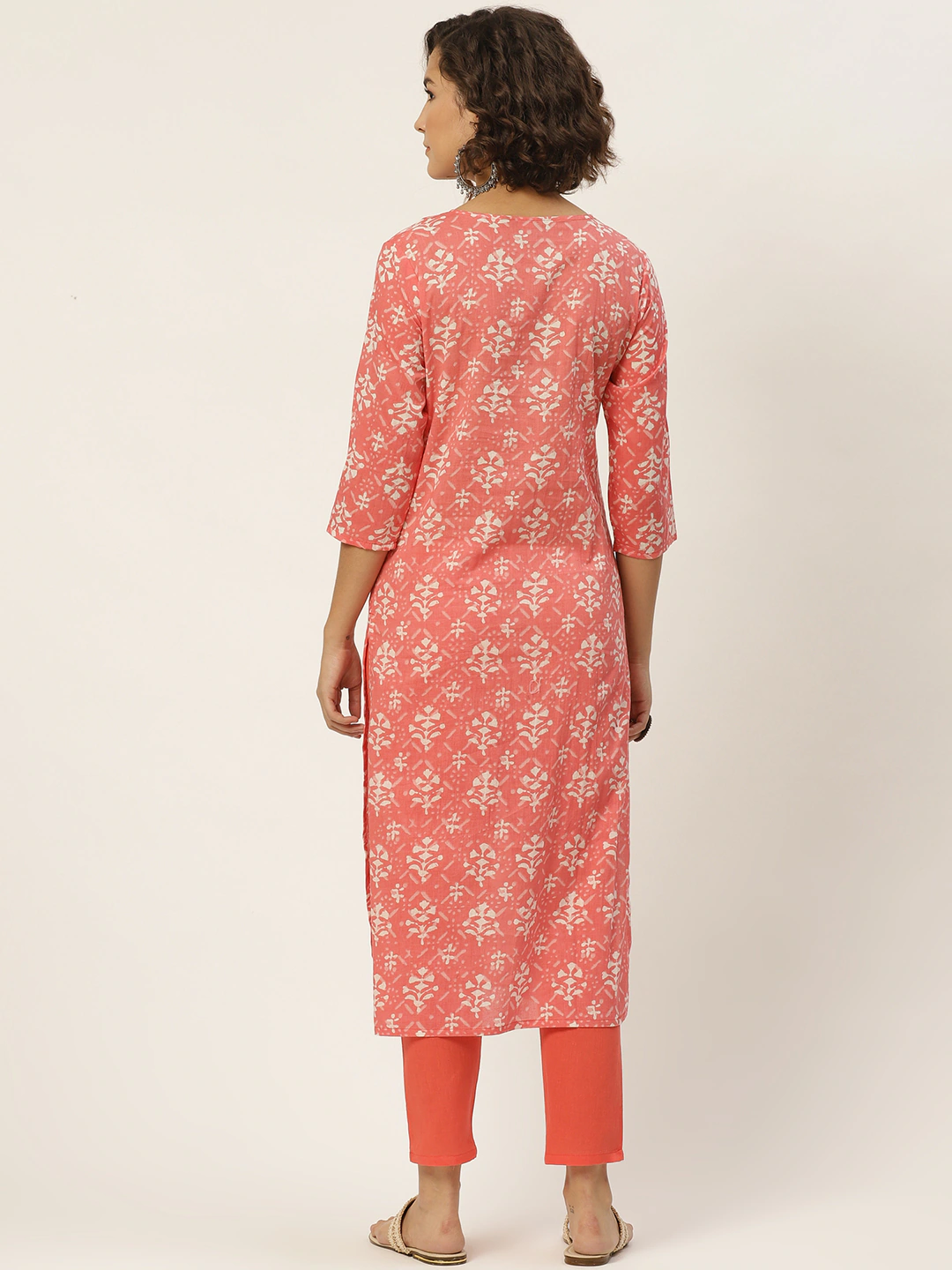 Women Coral Orange & Cream Cotton Kurta Set