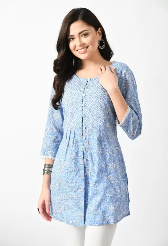 Women Cotton Blend Blue Tunic