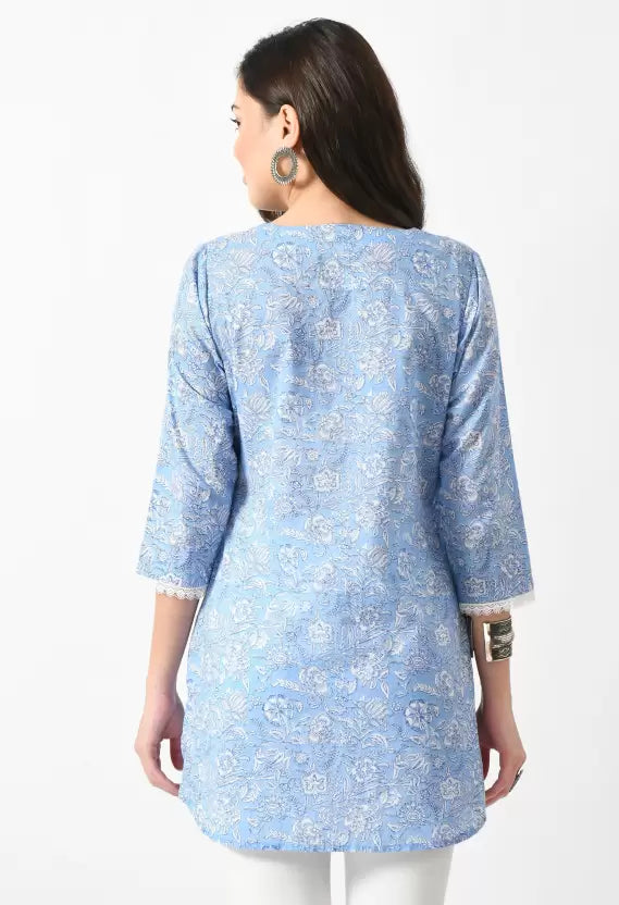 Women Cotton Blend Blue Tunic