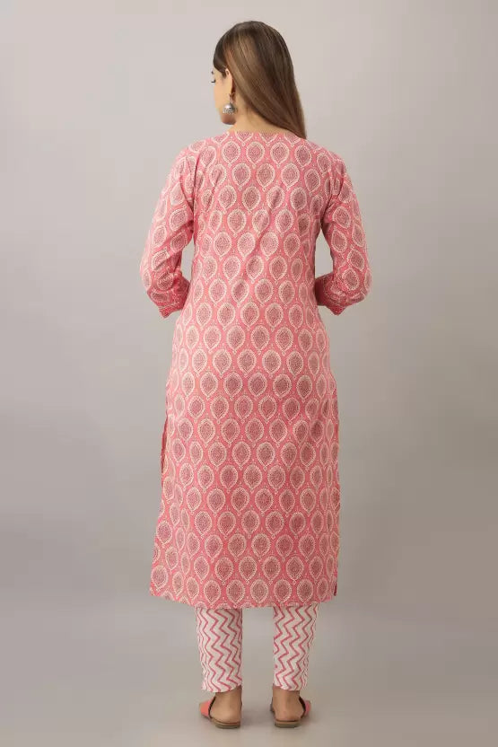 Women Cotton Blend Pink White Kurta set