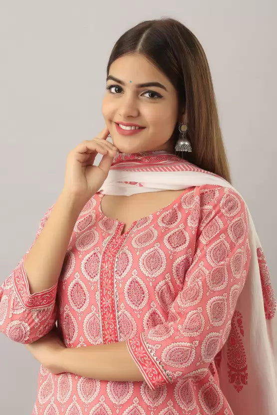 Women Cotton Blend Pink White Kurta set