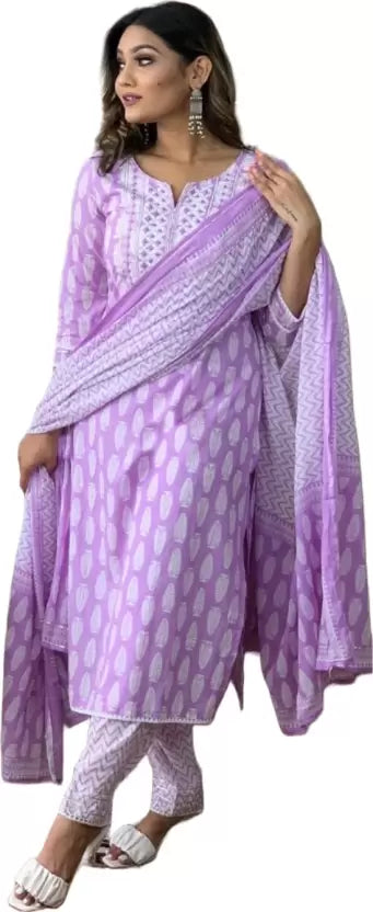 Women Cotton Blend Purple White Kurta set
